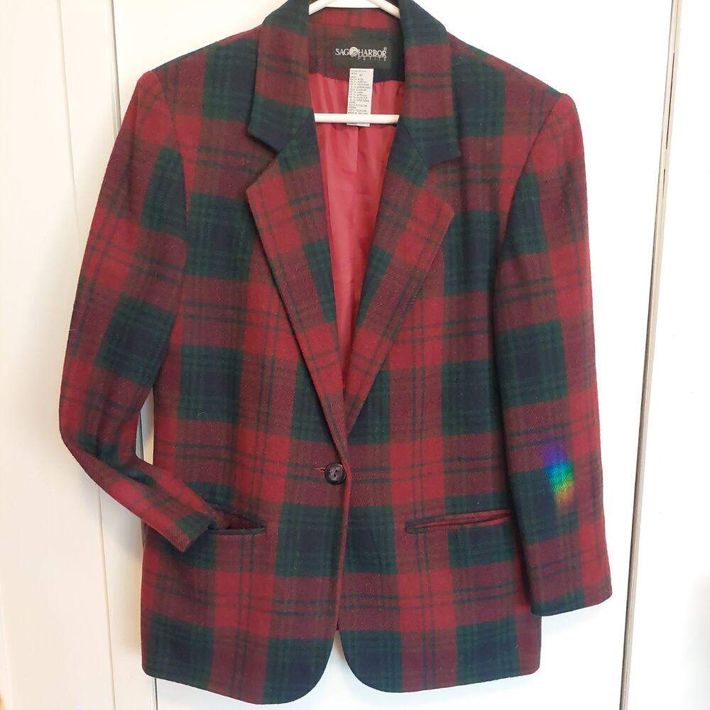 Sag Harbor Red Green Plaid Wool Blend Blazer Jacket Vintage NWT Size 10